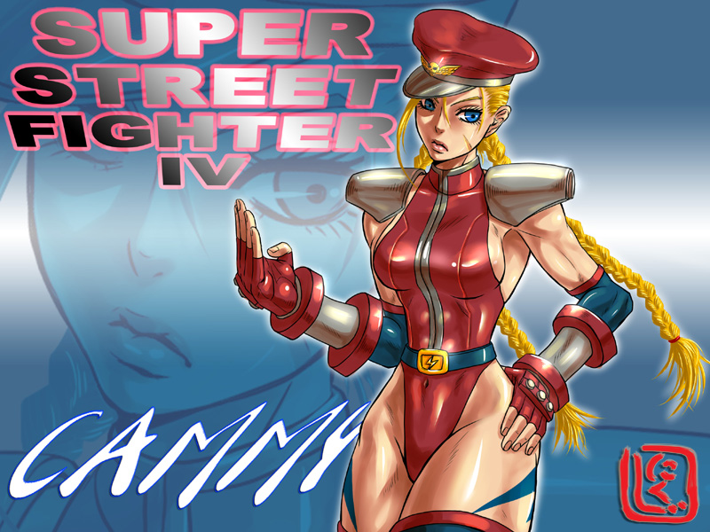 1girl alternate_costume blonde_hair blue_eyes bracer braid breasts cammy_white camouflage capcom cosplay elbow_gloves female_focus fingerless_gloves gloves hand_on_own_hip hat impossible_clothes leotard lips long_hair looking_at_viewer m._bison m_bison_(cosplay) medium_breasts muscular nikuji-kun peaked_cap red_leotard scar shoulder_pads sideboob solo street_fighter street_fighter_iv_(series) thick_thighs thighhighs thighs twin_braids zoom_layer