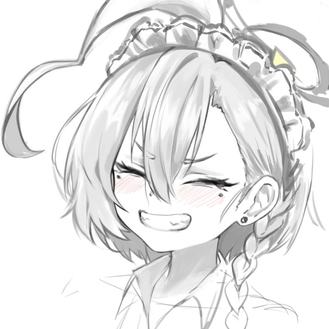 ahoge blue_archive blush braid commentary_request ear_piercing grin hair_between_eyes happy korean_commentary maid_headdress mole mole_under_eye neru_(blue_archive) piercing portrait rutax_xark simple_background single_braid sketch smile teeth upper_body white_background
