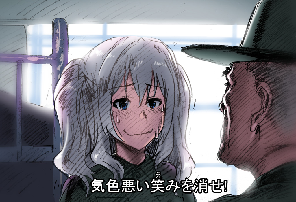 1boy 1girl bed blue_eyes bunk_bed cosplay full_metal_jacket furigana grey_hair hat henshako indoors kantai_collection kashima_(kancolle) leonard_lawrence leonard_lawrence_(cosplay) nervous_smile old old_man sgt_hartman smile sweatdrop trembling twintails uniform united_states_marine_corps wavy_mouth window