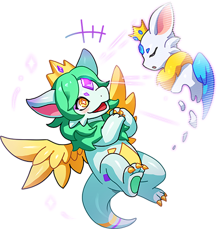 +_+ crown dragon dragon_village_(series) dragon_village_collection feathered_wings flying game_cg gem green_hair harika_(dragon_village) hologram lowres magic neck_fur no_humans official_art purple_gemstone third-party_source tilki_(dragon_village) transparent_background wings yellow_eyes yellow_wings