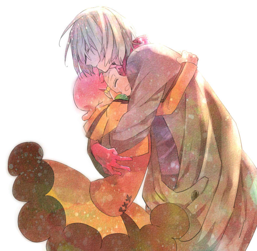 10s 1boy 1girl amy26 aquarion_(series) aquarion_evol bad_id bad_pixiv_id blonde_hair closed_eyes couple hetero hug jin_musou open_mouth pink_hair short_hair simple_background smile tears white_background yunoha_thrul