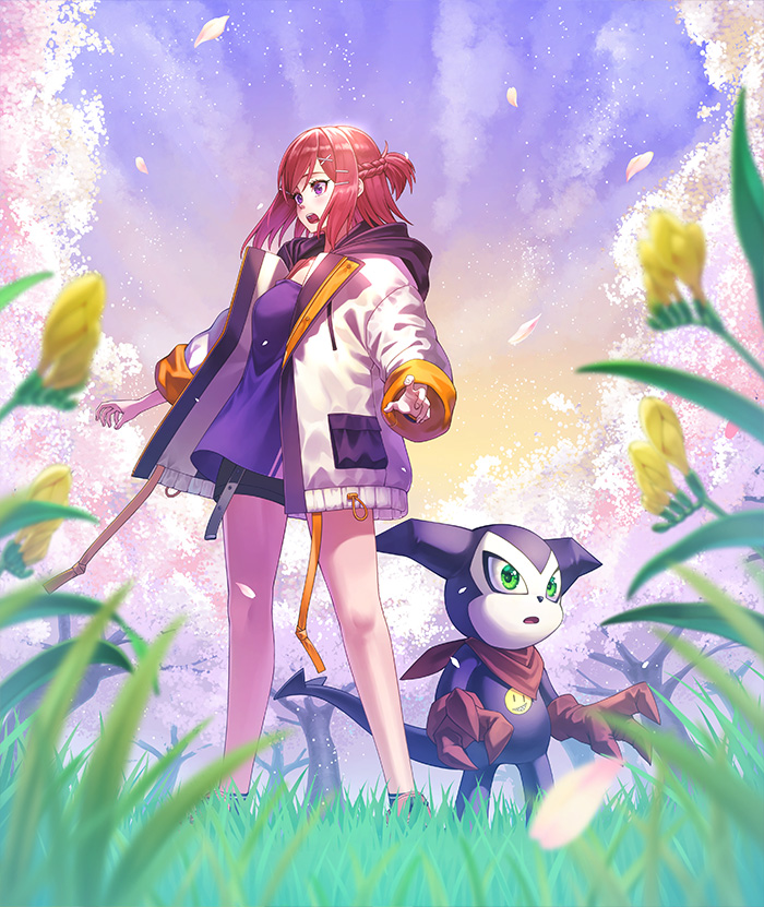 1boy 1girl bandana bandana_around_neck black_shorts blurry blurry_foreground camisole cherry_blossoms demon_boy digimon digimon_card_game digimon_liberator fewer_digits gloves green_eyes hood hood_down hooded_jacket impmon jacket kazuki_seihou medium_hair nature official_art on_grass open_clothes open_jacket pink_hair purple_camisole purple_eyes red_bandana red_gloves shorts standing surprised white_jacket yuuki_(digimon)