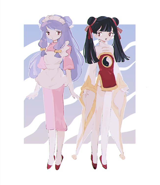 2girls apron black_hair cardcaptor_sakura chinese_clothes crossover double_bun hair_bun li_meiling long_hair maid_apron maid_headdress multiple_girls pants pink_pants pink_shirt purple_hair ranma_1/2 red_eyes red_footwear ronoh_(jill) shampoo_(ranma_1/2) shirt twintails white_apron yin_yang yin_yang_print