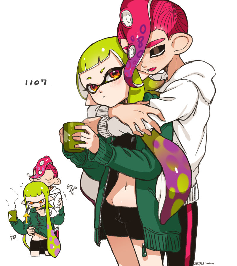 1boy 1girl arrow_(symbol) artist_name bike_shorts black_shirt black_shorts blunt_bangs closed_eyes clothes_lift coffee_mug commentary crop_top cup frown gradient_hair green_hair green_jacket hetero holding holding_cup hood hood_down hoodie hug hug_from_behind inkling inkling_girl inkling_player_character jacket jacket_lift jacket_on_shoulders lifting_another&#039;s_clothes long_hair long_sleeves looking_at_viewer looking_down midriff mohawk motion_lines mug multicolored_hair navel nintendo notice_lines octoling octoling_boy octoling_player_character open_clothes open_jacket open_mouth pointy_ears purple_hair red_eyes red_hair shirt short_hair short_shorts shorts signature smile splatoon_(series) standing steam suction_cups sweatdrop tentacle_hair translated white_background white_hoodie yeneny