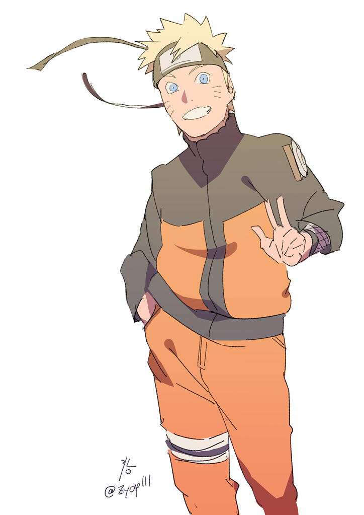 1boy blonde_hair blue_eyes forehead_protector grin hand_in_pocket jacket long_sleeves looking_at_viewer male_focus naruto_(series) naruto_shippuuden ninja orange_jacket orange_pants pants simple_background smile solo spiked_hair teeth uzumaki_naruto w white_background zifletts