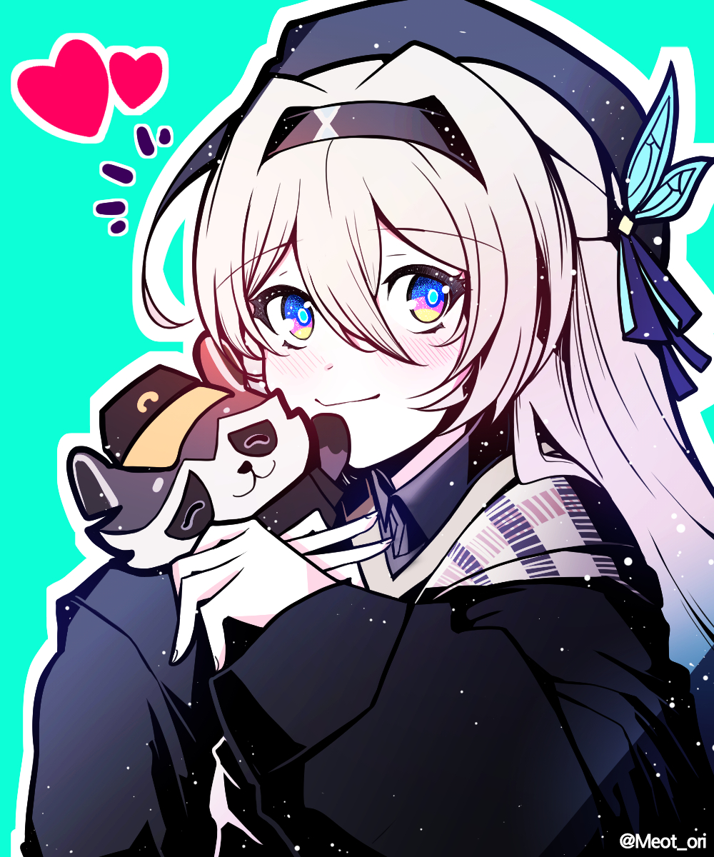 blue_pupils blush collared_shirt electronduck emphasis_lines firefly_(honkai:_star_rail) grey_hair hair_intakes hair_ornament hair_ribbon hairband heart highres honkai:_star_rail honkai_(series) multicolored_eyes ribbon shirt trailblazer_(honkai:_star_rail) twitter_username