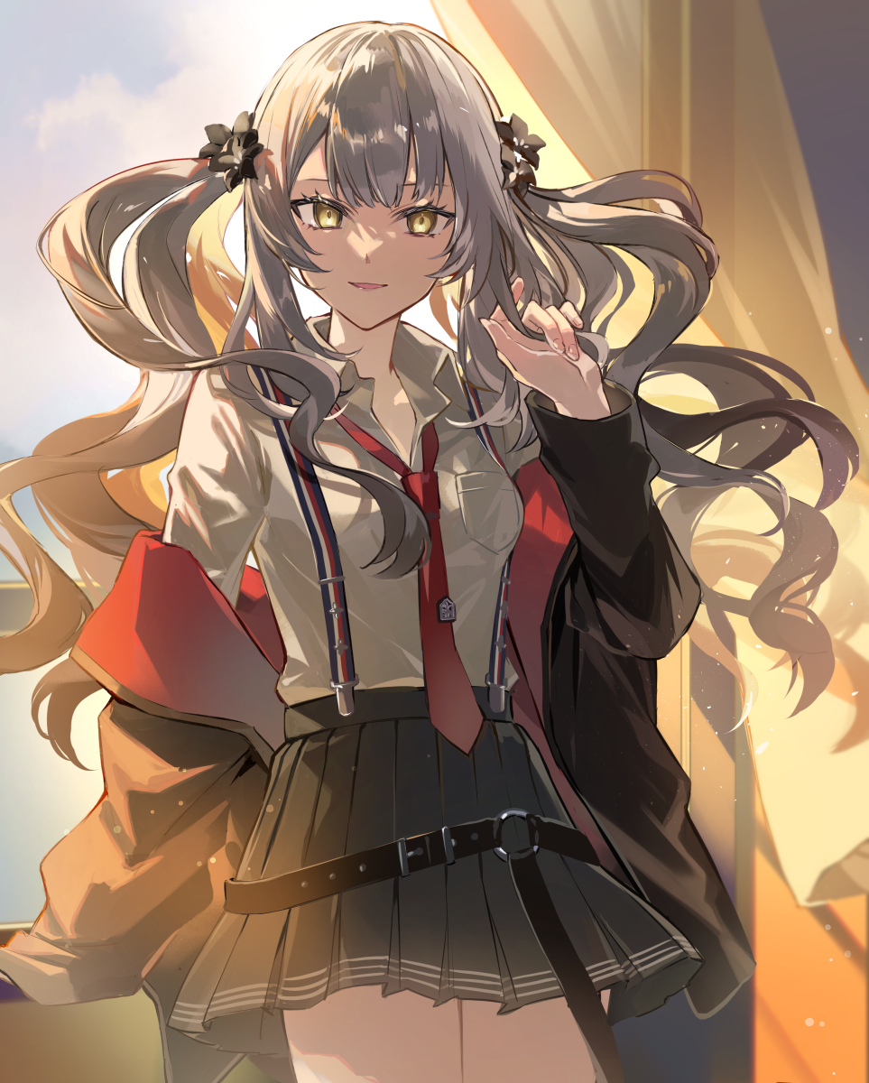 1girl belt black_belt black_jacket black_skirt collared_shirt commentary_request curtains fate/grand_order fate_(series) fingernails grey_hair hand_in_own_hair highres indoors jacket long_hair long_sleeves looking_at_viewer marie_antoinette_alter_(fate) marie_antoinette_alter_(first_ascension)_(fate) marie_antoinette_(fate) marie_antoinette_alter_(fate) marie_antoinette_alter_(first_ascension)_(fate) necktie off_shoulder open_clothes open_jacket pleated_skirt pocket poppoman red_necktie school_uniform shirt sidelocks skirt smile solo sunlight suspenders twintails very_long_hair white_shirt yellow_eyes