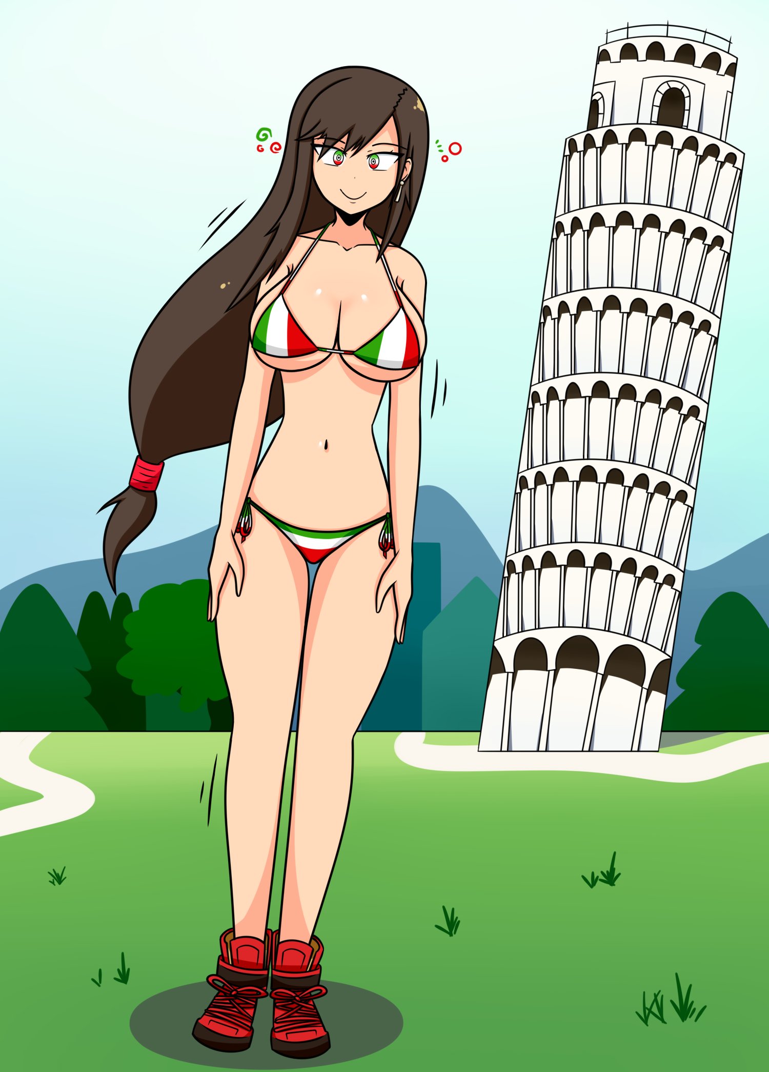 1girl 20s arms_at_sides bikini blue_sky boots breasts brown_hair building cleavage collarbone day earrings female_focus final_fantasy final_fantasy_vii final_fantasy_vii_remake full_body grass green_eyes hair_over_one_eye highres hypnosis italian_flag italian_flag_bikini italian_senate_porn_livestream_(meme) jewelry large_breasts leaning leaning_to_the_side leaning_tower_of_pisa long_hair looking_at_viewer low-tied_long_hair meme micro_bikini midriff mind_control mountain multicolored_eyes navel outdoors red_boots red_eyes ringed_eyes shadow side-tie_bikini_bottom sky smile solo sortish-kinda square_enix standing straight_hair swimsuit tifa_lockhart tower tree underboob very_long_hair white_eyes