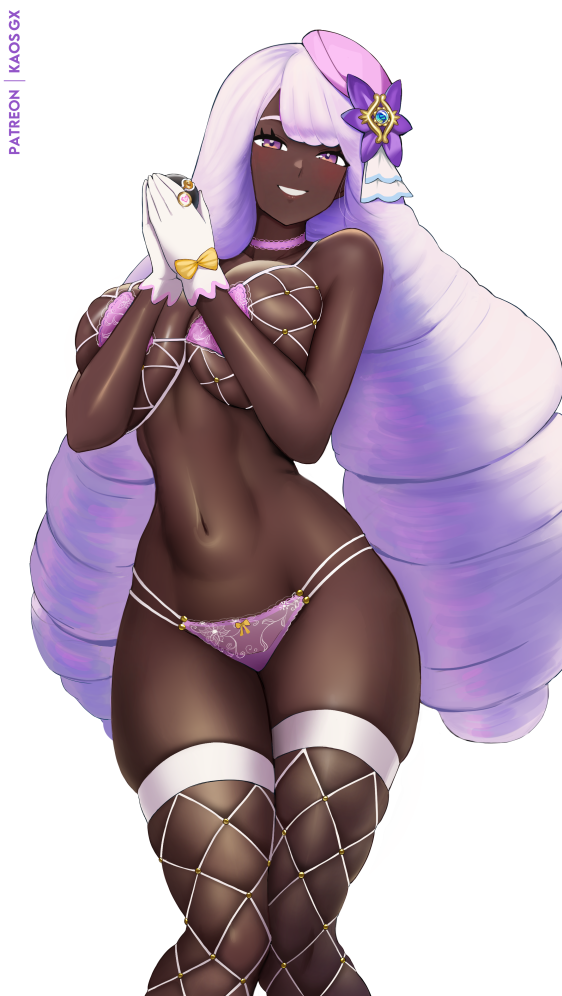 1girl artist_name blush breasts choker commentary dark-skinned_female dark_skin fascinator fishnet_bra fishnet_thighhighs fishnets glove_bow gloves gold_ring holding holding_poke_ball jacinthe_(pokemon) kaos_art large_breasts long_hair looking_at_viewer low_drills luxury_ball mega_stone navel nintendo open_mouth panties pasties patreon_username poke_ball pokemon pokemon_legends:_z-a purple_choker purple_eyes purple_hair purple_panties smile solo stomach teeth thighhighs underwear very_dark_skin
