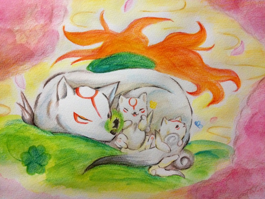 amaterasu_(ookami) bug butterfly chibiterasu clover cub facial_mark family fire four-leaf_clover hyou09 bug issun no_humans ookami_(game) ookamiden reflector shield sleeping tail wolf