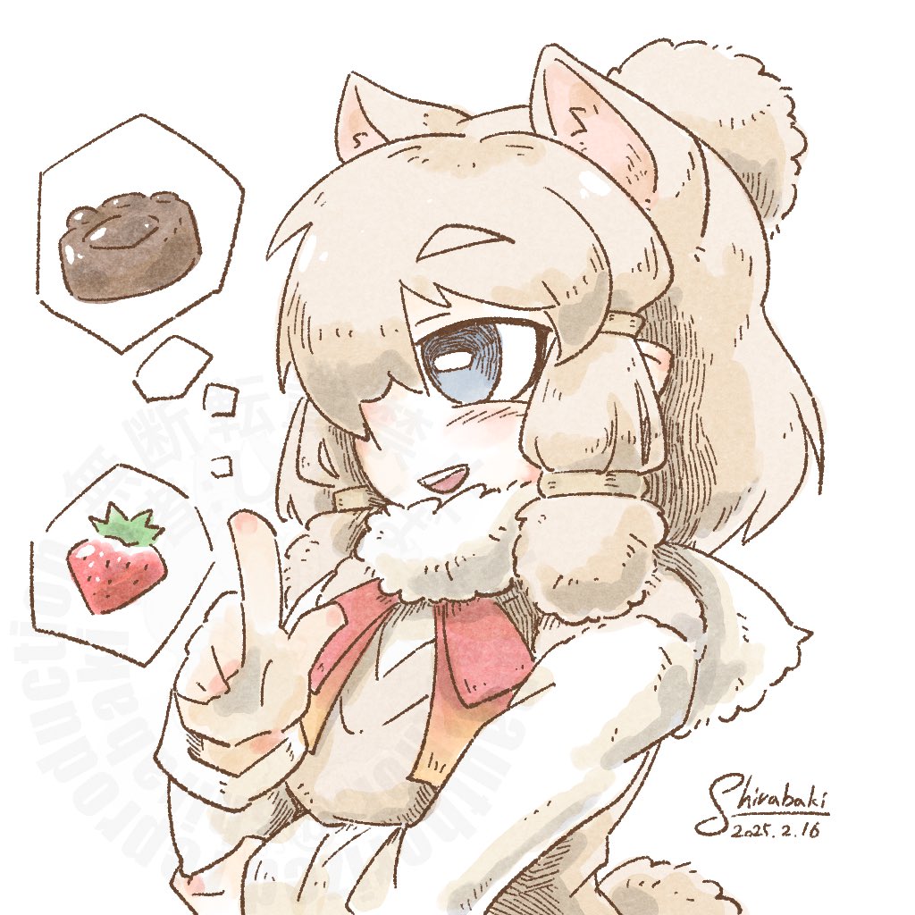 1girl alpaca_ears alpaca_girl alpaca_suri_(kemono_friends) alpaca_tail animal_ears blue_eyes bow bowtie brown_vest chocolate extra_ears food fruit fur_collar hair_bun hair_over_one_eye hair_tubes kemono_friends long_sleeves red_bow red_bowtie shirabaki sidelocks solo speech_bubble strawberry sweater tail thought_bubble upper_body vest white_fur white_hair white_sweater