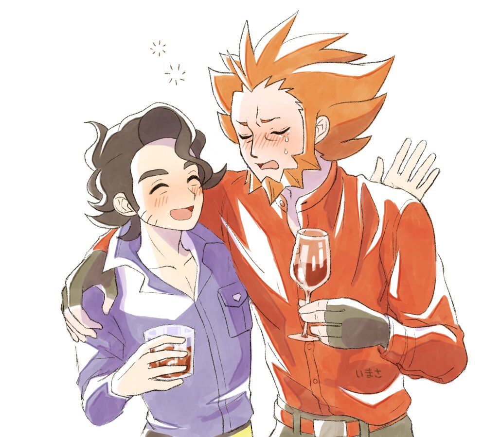 2boys :d arm_around_neck professor_sycamore beard belt blush closed_eyes commentary_request cup curly_hair drinking_glass facial_hair fingerless_gloves gloves holding holding_cup im_i_masa lysandre_(pokemon) male_focus multiple_boys nintendo open_mouth orange_hair orange_shirt pants pokemon pokemon_xy shirt smile squeans tongue white_background wine_glass yellow_belt
