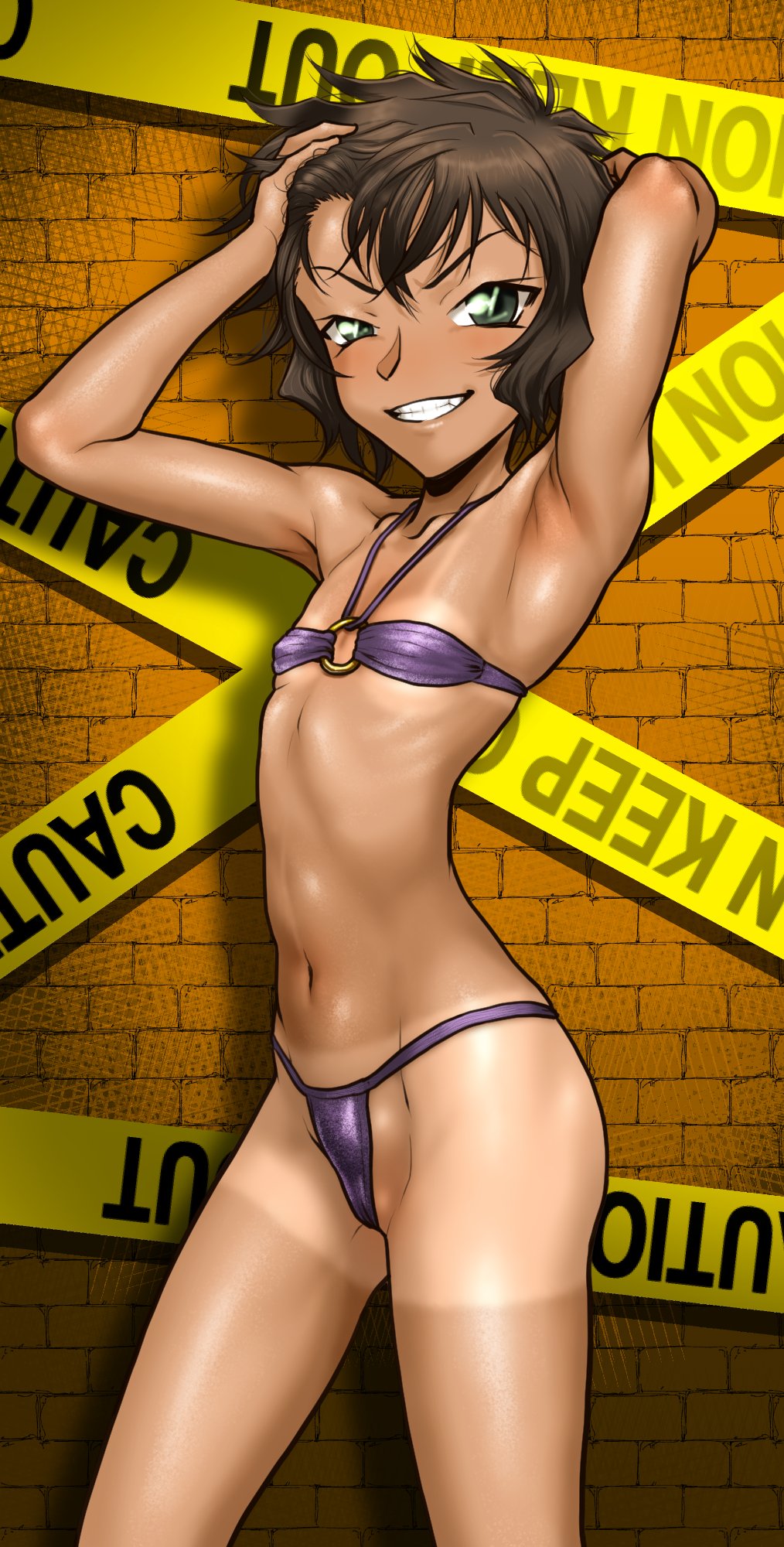 1girl armpits arms_up bikini boro brown_hair caution_tape flat_chest green_eyes highres looking_at_viewer meitantei_conan micro_bikini navel o-ring o-ring_bikini o-ring_top parted_lips petite purple_bikini ribs sera_masumi shiny_skin short_hair smile standing swimsuit tan tanline teeth