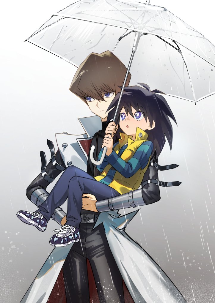 belt belt_buckle black_hair black_pants black_shirt blue_pants blue_shirt brothers brown_hair buckle carrying carrying_person coat holding holding_umbrella kaiba_mokuba kaiba_seto male_focus moemoenomori pants rain shirt siblings striped_clothes striped_shirt umbrella vest white_coat yellow_vest yu-gi-oh! yu-gi-oh!_duel_monsters