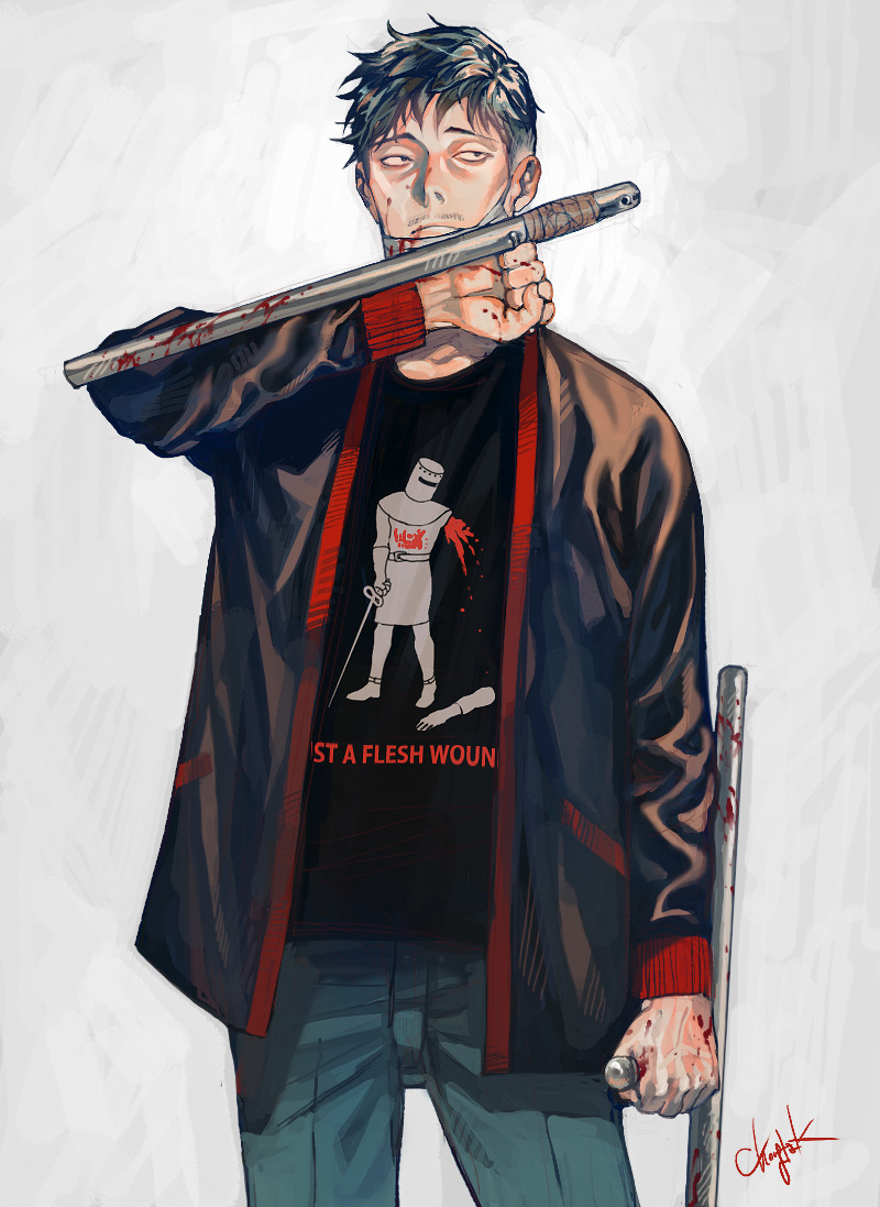 1boy black_eyes black_hair black_jacket black_shirt blood blood_on_face blood_on_hands blood_on_mask bloody_weapon blue_pants ctkcave facial_hair holding holding_weapon jacket male_focus mask mature_male monty_python monty_python_and_the_holy_grail mouth_mask mustache open_clothes open_jacket original pants print_shirt scene_reference shirt simple_background solo weapon white_background