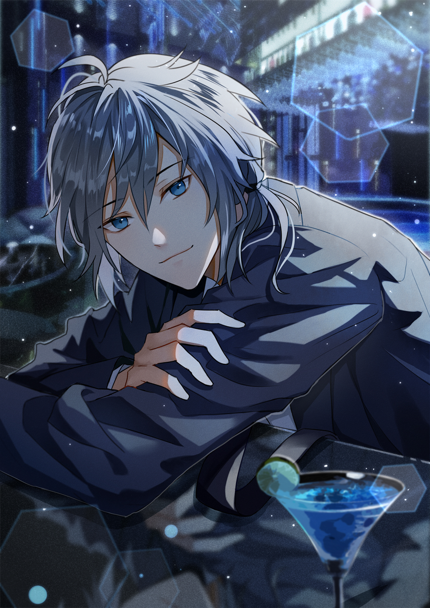 1boy aguaaaaaa arms_on_table bar_(place) black_jacket black_suit blue_eyes chinese_commentary closed_mouth cocktail cocktail_glass collared_shirt counter crossed_arms cup drinking_glass ensemble_stars! formal_clothes grey_hair hair_between_eyes highres indoors jacket leaning_forward lens_flare light_particles long_sleeves looking_at_viewer low_ponytail male_focus ponytail shiina_niki shirt smile solo suit suit_jacket upper_body white_shirt