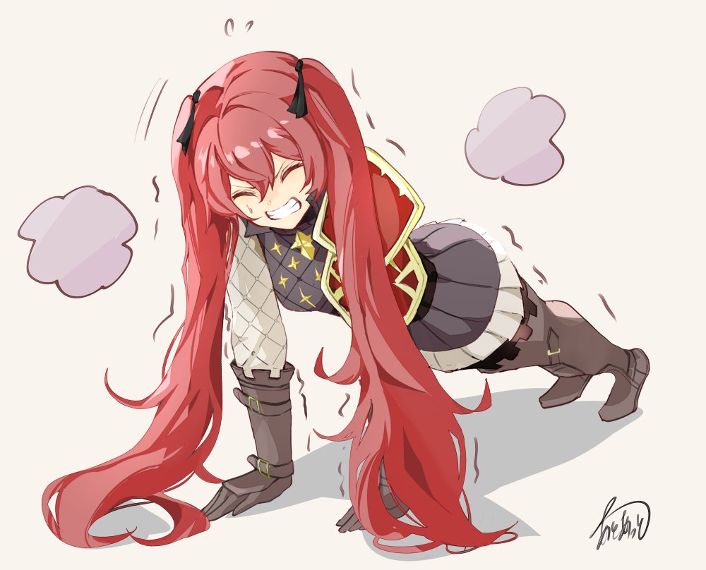 1girl atoatto belt brown_footwear brown_gloves clenched_teeth closed_eyes commentary_request derivative_work exercising fire_emblem fire_emblem_fates fire_emblem_heroes full_body gloves hair_between_eyes long_hair nintendo pleated_skirt push-ups red_hair selena_(fire_emblem_fates) signature skirt solo teeth twintails white_background