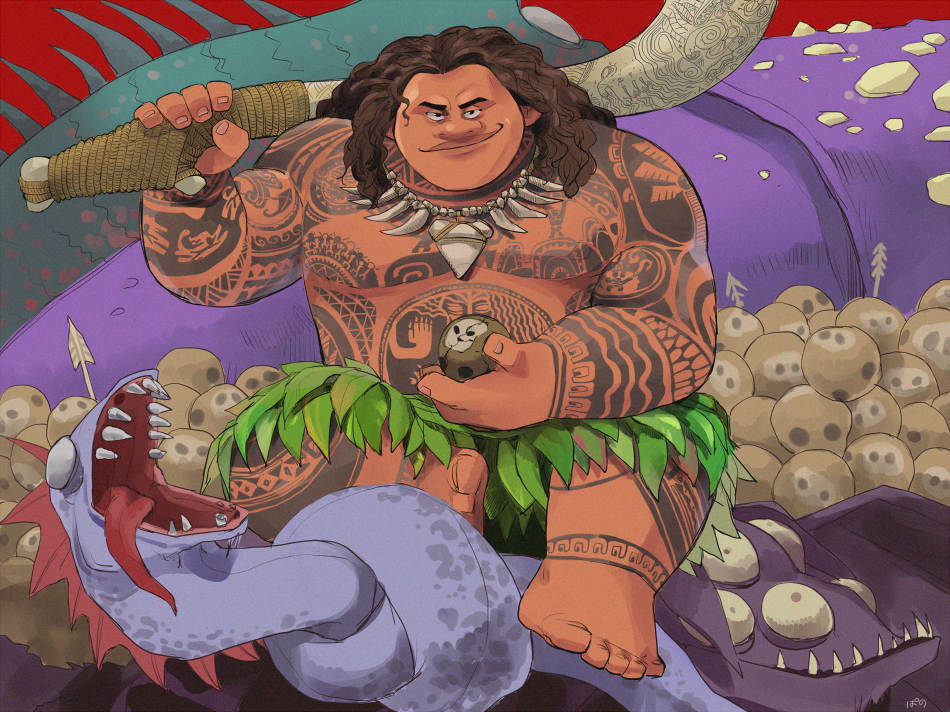 1boy arm_tattoo barefoot brown_hair chest_tattoo coconut dark-skinned_male dark_skin holding holding_weapon jewelry leaf_skirt leg_tattoo long_hair looking_at_viewer maui_(moana) moana_(movie) necklace open_mouth over_shoulder pano_(mohayayamai) sharp_teeth snake solo tattoo tattoo_sleeve teeth tongue tongue_out weapon weapon_over_shoulder