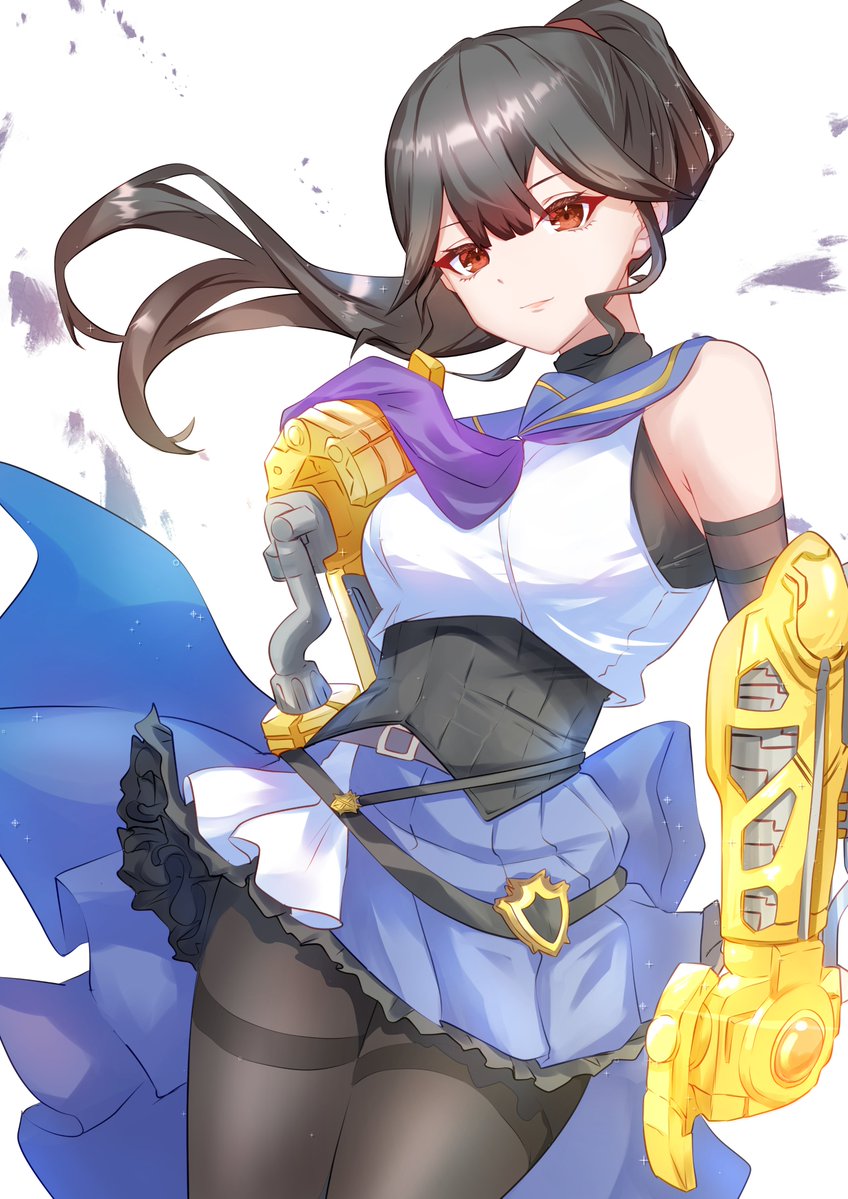 1girl arm_at_side assault_lily bare_shoulders belt belt_buckle black_hair black_pantyhose black_shirt blue_sailor_collar blue_skirt breasts buckle closed_mouth commentary_request cowboy_shot crop_top detached_sleeves dual_wielding floating_hair frilled_skirt frills grey_belt hand_up high_ponytail holding holding_weapon houji_tea_latte long_hair looking_at_viewer medium_breasts miniskirt nagasawa_yuki_(assault_lily) neckerchief odaiba_girls_high_school_uniform pantyhose pleated_skirt ponytail power_fist purple_neckerchief red_eyes ribbed_shirt sailor_collar school_uniform serafuku shirt simple_background skirt sleeveless sleeveless_shirt solo standing thighband_pantyhose undershirt waist_cape weapon white_background white_shirt