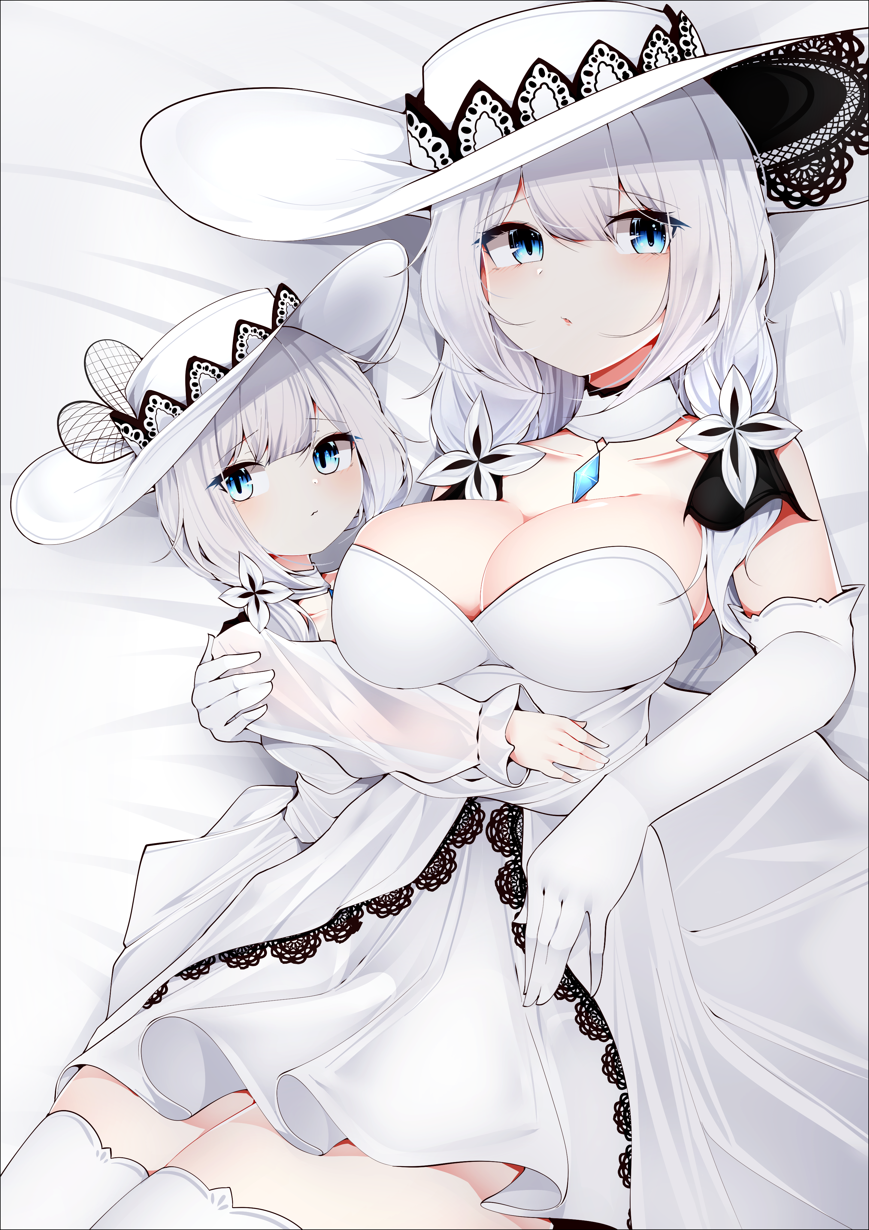 1girl absurdres azur_lane bare_shoulders blue_eyes blue_gemstone breasts cleavage collar detached_collar dress elbow_gloves flower gem gloves hat highres illustrious_(azur_lane) lace lace-trimmed_dress lace-trimmed_headwear lace_trim large_breasts little_illustrious_(azur_lane) long_hair looking_at_viewer samip see-through_clothes sleeveless sleeveless_dress strapless strapless_dress sun_hat thighhighs white_collar white_dress white_flower white_gloves white_hair white_theme white_thighhighs