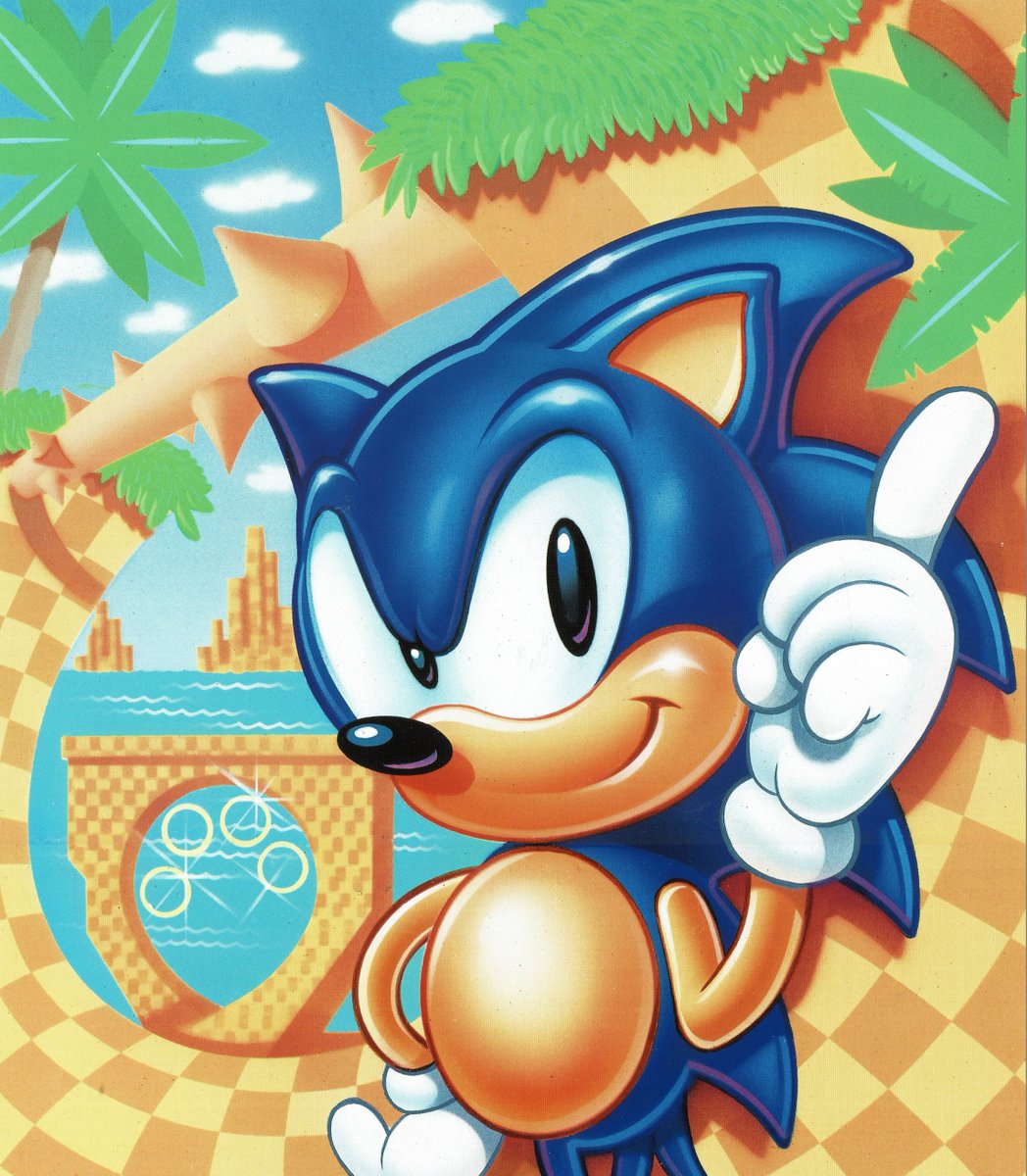 1991 1boy green_hill_zone highres male_focus official_art retro_artstyle ring_(sonic) sega smug solo solo_focus sonic_(series) sonic_the_hedgehog sonic_the_hedgehog_(classic) sonic_the_hedgehog_1