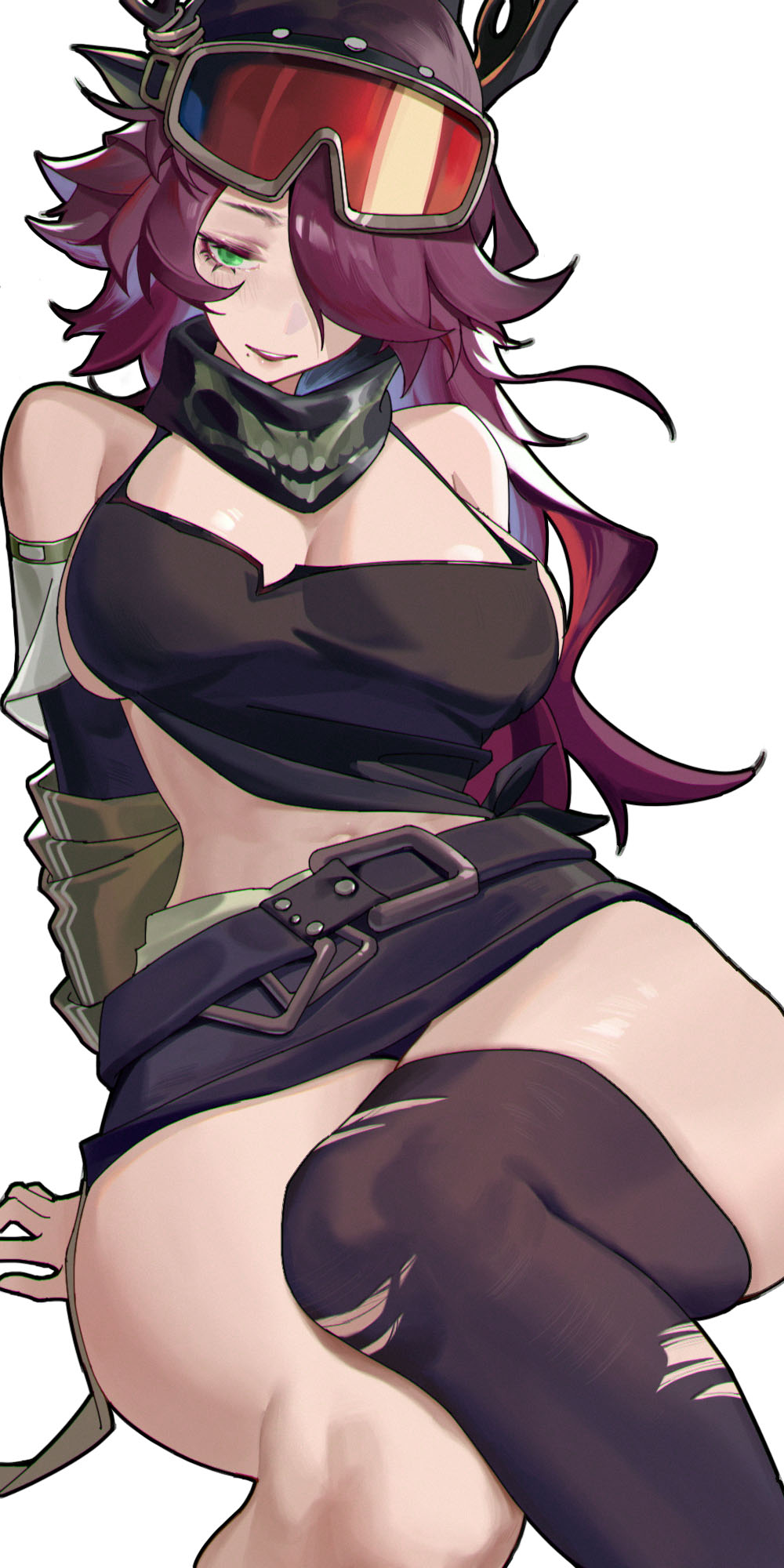 1girl aaakira_(sk_bogi) arknights bare_shoulders black_skirt black_thighhighs breasts camisole cleavage coldshot_(arknights) coldshot_(dawnbreak)_(arknights) feet_out_of_frame goggles goggles_on_head green_eyes grin highres large_breasts long_hair looking_at_viewer midriff miniskirt mole mole_under_mouth official_alternate_costume parted_lips purple_hair scarf single_thighhigh skirt smile solo spaghetti_strap thighhighs thighs very_long_hair