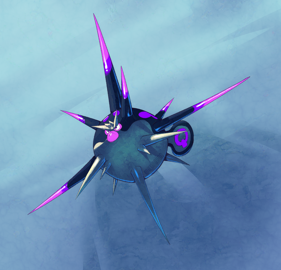 :&lt; animal_focus artist_name closed_mouth commentary english_commentary fish from_below full_body game_freak nintendo no_humans overqwil pokemon pokemon_(creature) puffer_fish purple_eyes simple_background solo three_quarter_view underwater wildragon_(artist)