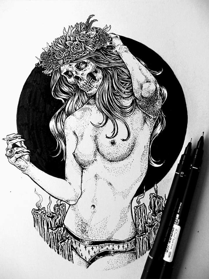 1girl arm_behind_head art_tools_in_frame breasts candle cigarette greyscale head_wreath holding holding_cigarette kensuke_creations millipen_(medium) monochrome navel original panties pen_(medium) photo_(medium) skull small_breasts solo topless_female traditional_media underwear upper_body