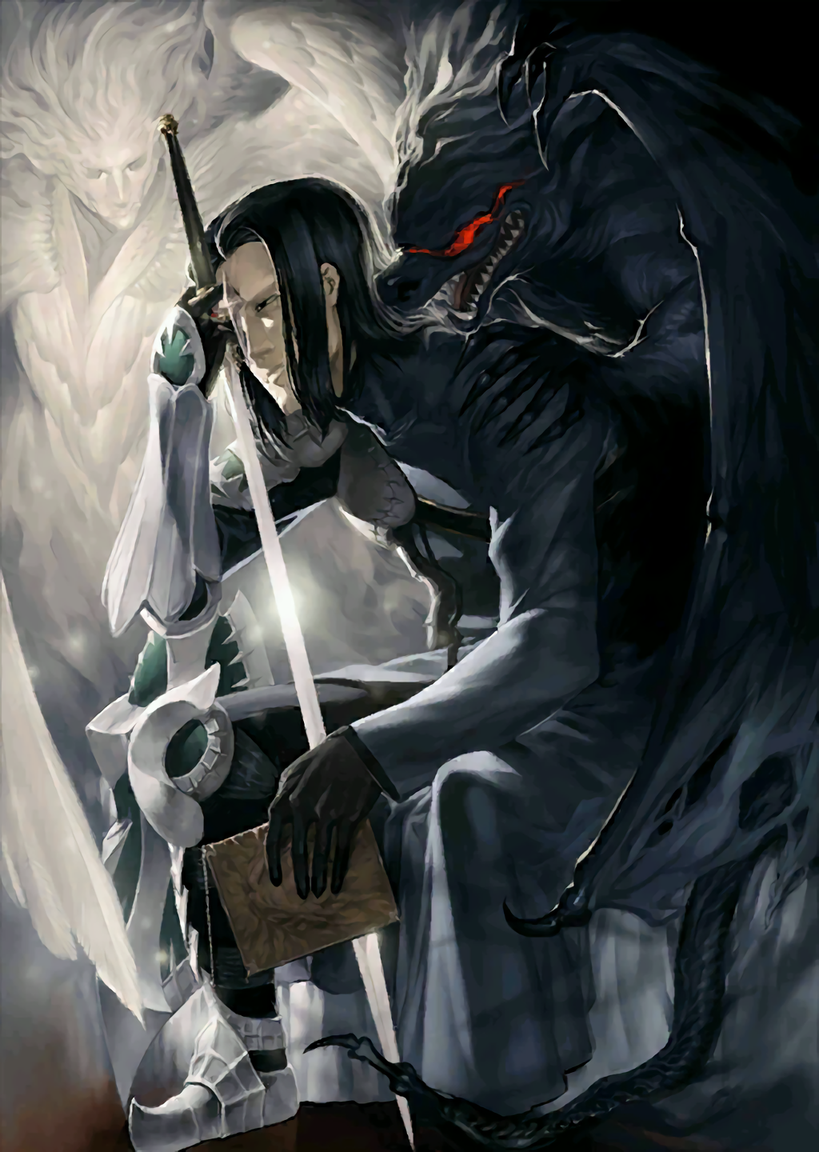 1boy angel angel_and_devil angel_wings armor armored_boots black_hair book boots demon fate/grand_order fate_(series) gauntlets gilles_de_rais_(caster)_(fate) gilles_de_rais_(fate) gilles_de_rais_(saber)_(fate) holding holding_book holding_sword holding_weapon male_focus official_art resized shinjirou sword upscaled waifu2x weapon wings