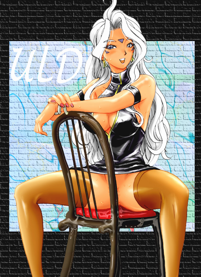 1girl aa_megami-sama blush breasts censored chair chair_censor cleavage cleavage_cutout clothing_cutout convenient_censoring dark-skinned_female dark_skin earrings facial_mark female_focus forehead_mark halterneck jewelry kon-kit large_breasts long_hair nail_polish no_panties pink_nails sitting sitting_backwards solo spread_legs sweat thighhighs urd_(aa_megami-sama) white_hair