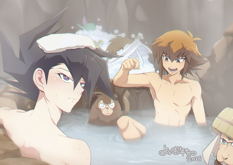 2boys armpits black_hair brown_eyes brown_hair c7akaz hotsprings male_focus manjoume_jun multiple_boys muscular muscular_male nude outdoors pectorals purple_eyes sitting smile spiked_hair steam tagme toned toned_male water yu-gi-oh! yu-gi-oh!_gx yuki_judai