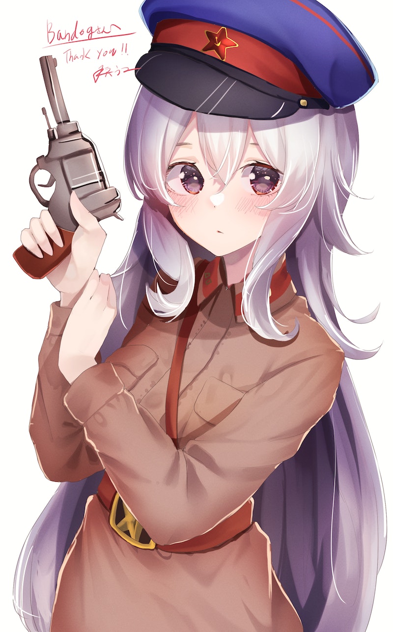 belt brown_coat coat commission cosplay gun gymnastiorka hair_between_eyes hammer_and_sickle handgun hat highres jacket long_hair looking_at_viewer military military_hat military_jacket military_uniform nagant_m1895 nkvd peaked_cap purple_eyes red_star revolver sam_browne_belt senki_zesshou_symphogear skeb_commission star_(symbol) weapon white_hair yukine_chris yukine_chris_(another) yuunamida_uyu