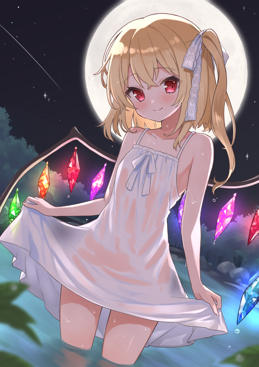 1girl ahase_hino bare_shoulders blurry blurry_foreground breasts collarbone cowboy_shot crystal dress flandre_scarlet full_moon highres lake medium_hair moon outdoors partially_submerged red_eyes see-through_clothes see-through_dress side_ponytail small_breasts solo spaghetti_strap touhou vampire wet white_dress wings
