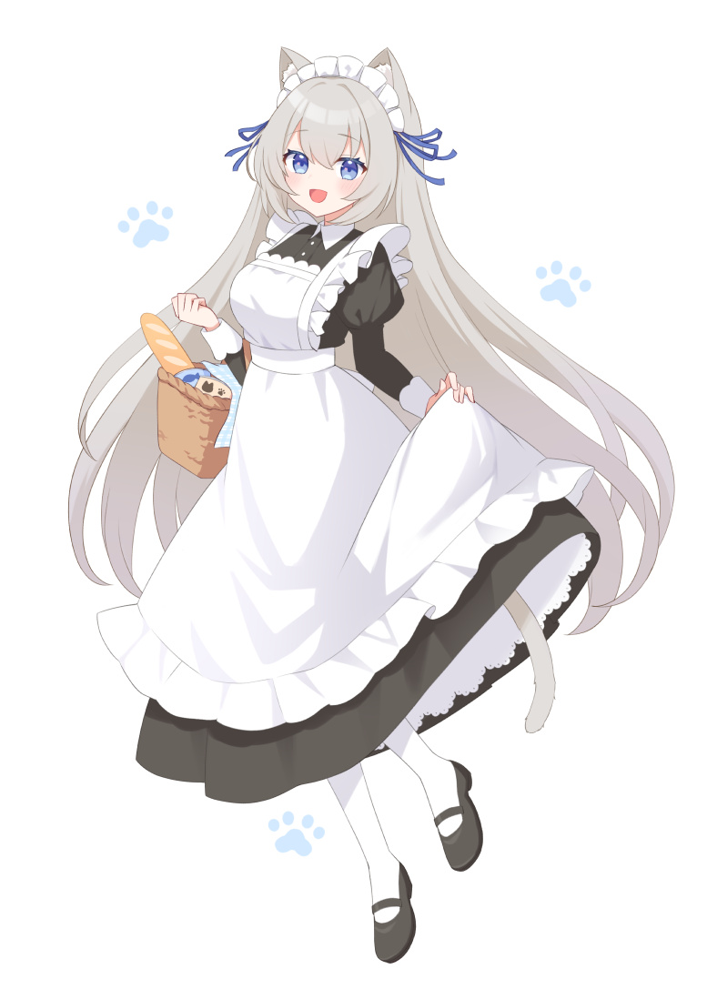 1girl animal_ears apron baguette basket black_dress black_shoes blue_eyes blue_ribbon bread cat_ears cat_girl cat_tail commentary dress food frilled_apron frills full_body furutori grey_hair hair_between_eyes hair_ribbon holding holding_basket long_hair long_sleeves looking_at_viewer maid maid_headdress mary_janes open_mouth original pantyhose paw_print picnic_basket ribbon shoes sidelocks simple_background smile solo symbol-only_commentary tail very_long_hair white_apron white_background white_pantyhose