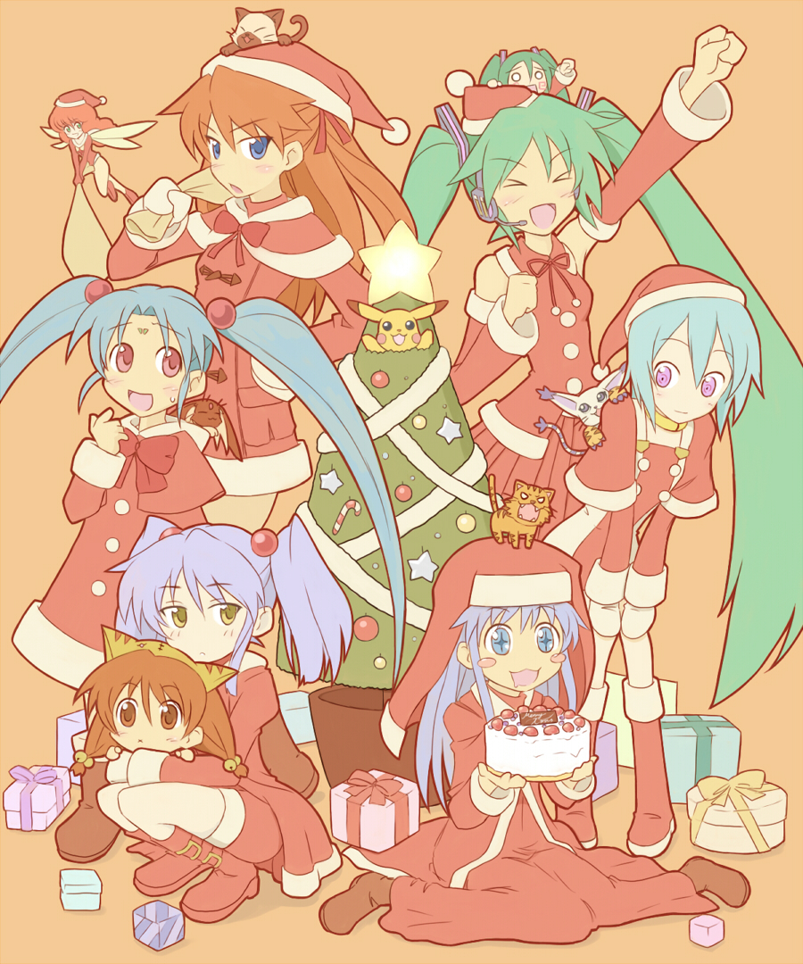 &gt;_&lt; 6+girls arm_up boots cake capelet character_request christmas_present christmas_tree coat detached_sleeves di_gi_charat drooling eureka_(eureka_seven) facial_mark felyne food forehead_mark gen_1_pokemon gift green_hair hachune_miku hair_bobbles hair_ornament hands_on_own_knees hat hatsune_miku holding holding_cake holding_food hoshino_ruri index_(toaru_majutsu_no_index) kidou_senkan_nadesico long_hair masaki_sasami_jurai monster_hunter_(series) mouth_drool multiple_girls neon_genesis_evangelion nintendo nun open_mouth pikachu pokemon puchiko purple_eyes red_boots red_capelet red_coat red_eyes ryou-ouki santa_costume santa_hat satogo souryuu_asuka_langley squatting tenchi_muyou! toaru_majutsu_no_index toradora! twintails very_long_hair vocaloid