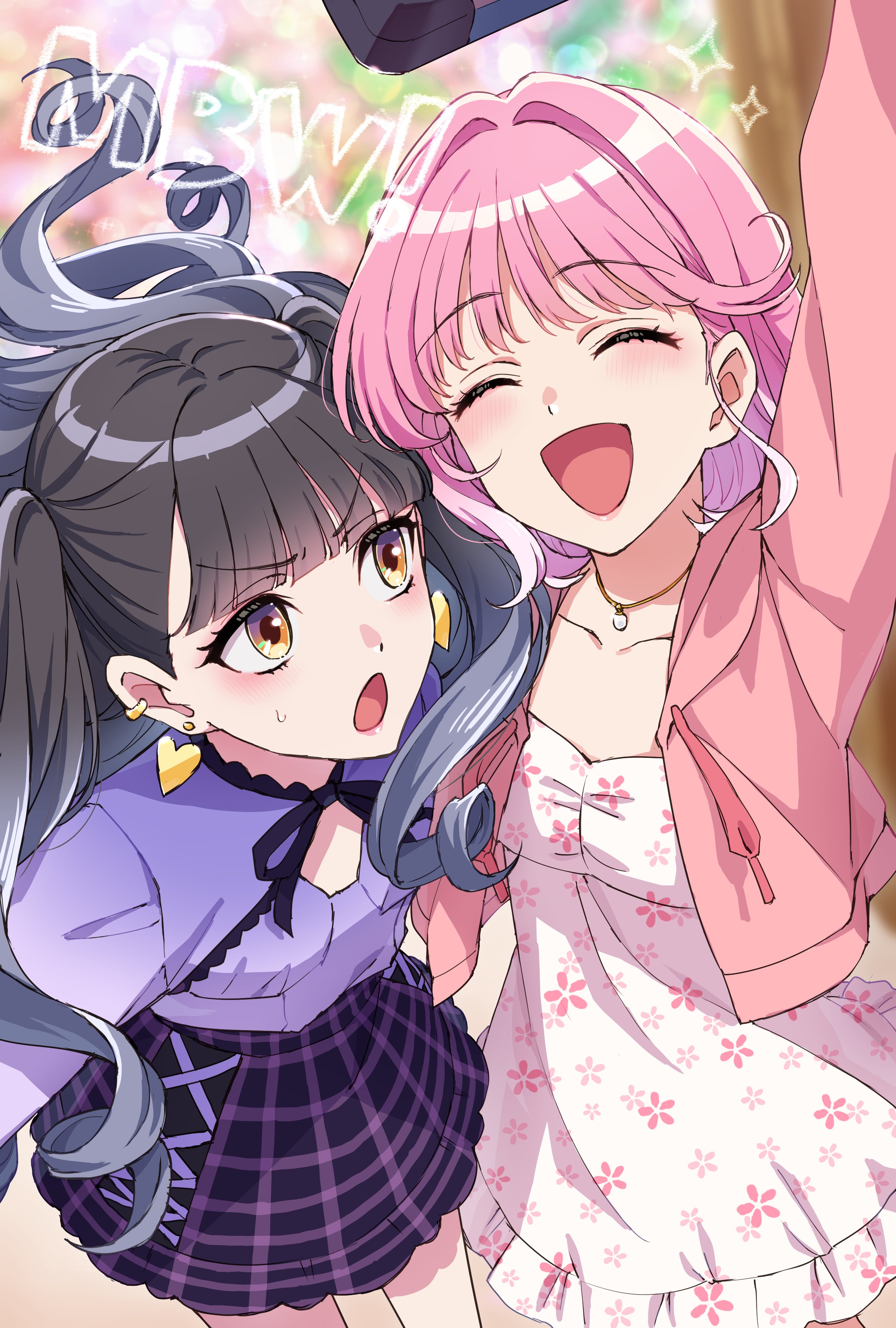 2girls absurdres akagi_yuina black_hair closed_eyes colorful_background copyright_name dress ear_piercing earrings floral_print floral_print_dress heart heart_earrings highres hood hooded_jacket jacket jewelry looking_at_another maebashi_witches multiple_girls necklace niisato_azu open_clothes open_jacket open_mouth piercing pink_hair pink_jacket plaid_clothes plaid_skirt print_dress purple_shirt selfie shirt skirt smile somechime_(sometime1209) sparkle sparkling_aura twintails yellow_eyes