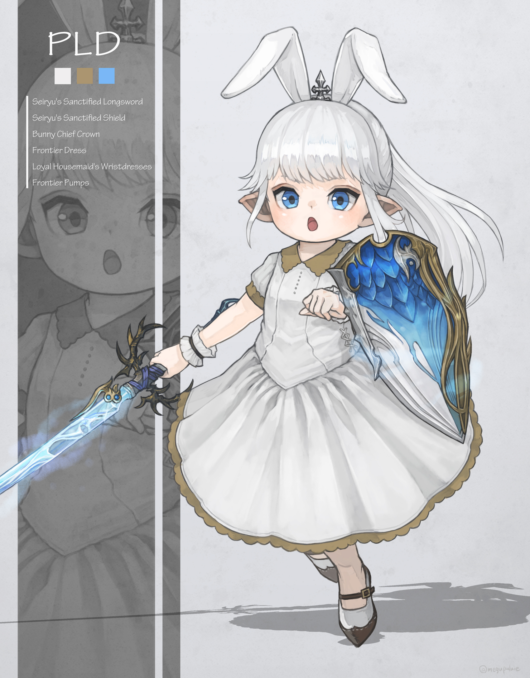 1girl animal_ears blue_eyes dress english_text fake_animal_ears final_fantasy final_fantasy_xiv flat_chest full_body glowing glowing_weapon gold_trim high_heels highres holding holding_shield holding_sword holding_weapon lalafell long_bangs looking_at_viewer multiple_views open_mouth paladin_(final_fantasy) pointy_ears ponytail puluie rabbit_ears scrunchie shadow shield simple_background standing standing_on_one_leg sword tiara tiptoes warrior_of_light_(ff14) weapon white_dress white_hair wrist_scrunchie
