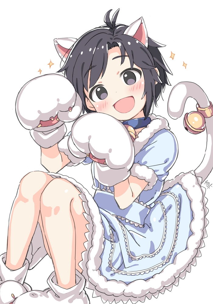1girl :d animal_ears animal_hands antenna_hair bell black_eyes black_hair blue_choker blue_dress cat_ears cat_tail choker dress fake_animal_ears fake_tail fur-trimmed_dress fur-trimmed_sleeves fur_trim gloves idolmaster idolmaster_(classic) invisible_chair jingle_bell kikuchi_makoto kuresuku_(lessons) looking_at_viewer neck_bell open_mouth parted_bangs paw_gloves paw_shoes shoes short_hair short_sleeves sitting smile solo tail tail_bell tail_ornament white_background white_gloves white_shoes