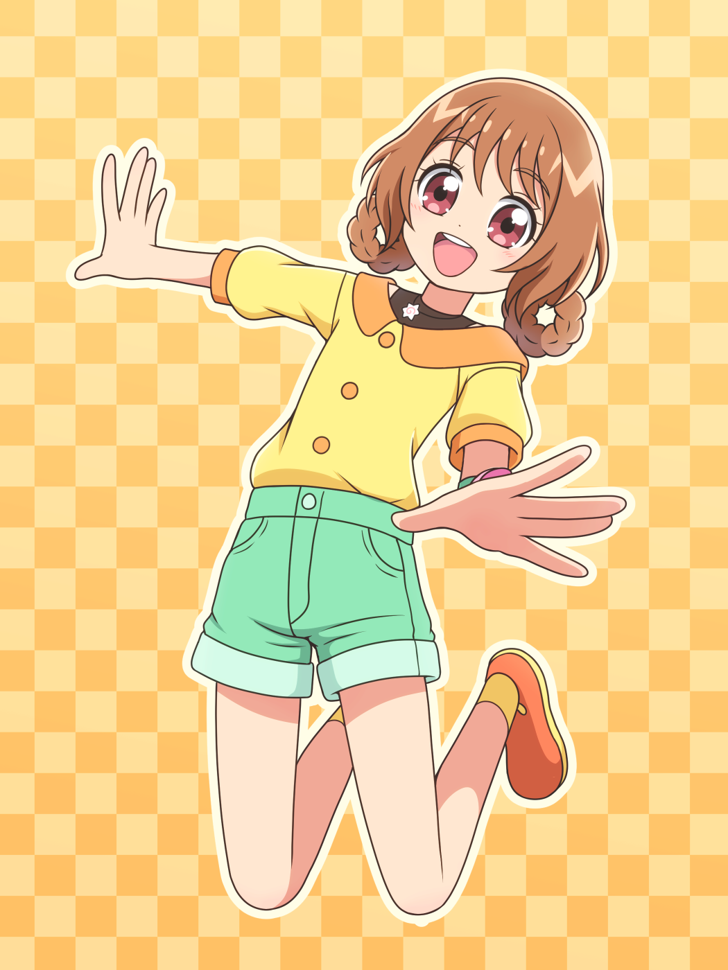 1girl :d arm_up bare_legs birthday black_undershirt blush braid braided_hair_rings brown_hair buttons checkered_background commentary delicious_party_precure dot_nose food full_body green_shorts hair_intakes hair_rings hanamichi_ran happy highres jewelry kamaboko kato-shun legs_up long_sleeves looking_at_viewer medium_hair midair narutomaki necklace off-shoulder_shirt off_shoulder open_hands open_mouth outline outstretched_arms precure red_eyes shirt shirt_tucked_in shoes shorts smile socks solo three-quarter_sleeves undershirt watch white_outline wristwatch yellow_background yellow_shirt yellow_shoes yellow_socks