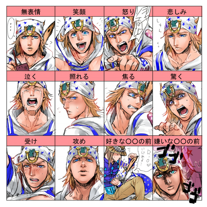 2boys bad_id bad_pixiv_id blonde_hair blue_eyes chart gyro_zeppeli hat honenashi_chicken johnny_joestar jojo_no_kimyou_na_bouken multiple_boys multiple_expressions multiple_views stand_(jojo) steel_ball_run translation_request tusk_(stand) tusk_act4