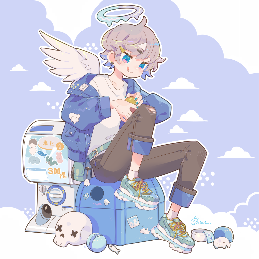 1boy :q belt blue_belt blue_eyes blue_jacket blue_shoes blush brown_hair brown_pants closed_mouth cloud commentary_request full_body hair_ornament hairclip halo jacket long_sleeves male_focus melting_halo open_clothes open_jacket original outline pants shirt shoes short_hair signature single_wing sitting skull sneakers socks solo sorata123 tongue tongue_out white_outline white_shirt white_socks wings