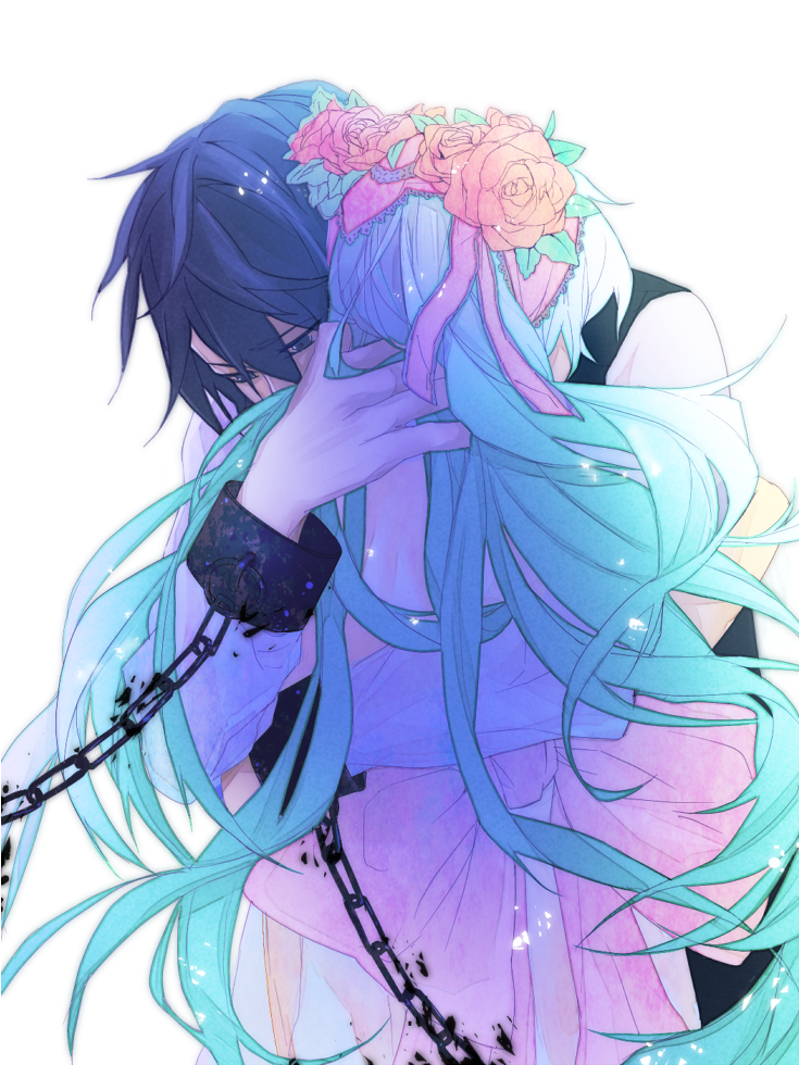 1boy 1girl akutoku_no_judgement_(vocaloid) aqua_hair blue_eyes blue_hair chain cuffs evillious_nendaiki father_and_daughter flower gallerian_marlon hair_flower hair_ornament hair_ribbon hakoniwa_no_shoujo_(vocaloid) hatsune_miku hetero hug kaito_(vocaloid) long_hair michelle_marlon ribbon shackles simple_background very_long_hair vocaloid white_background