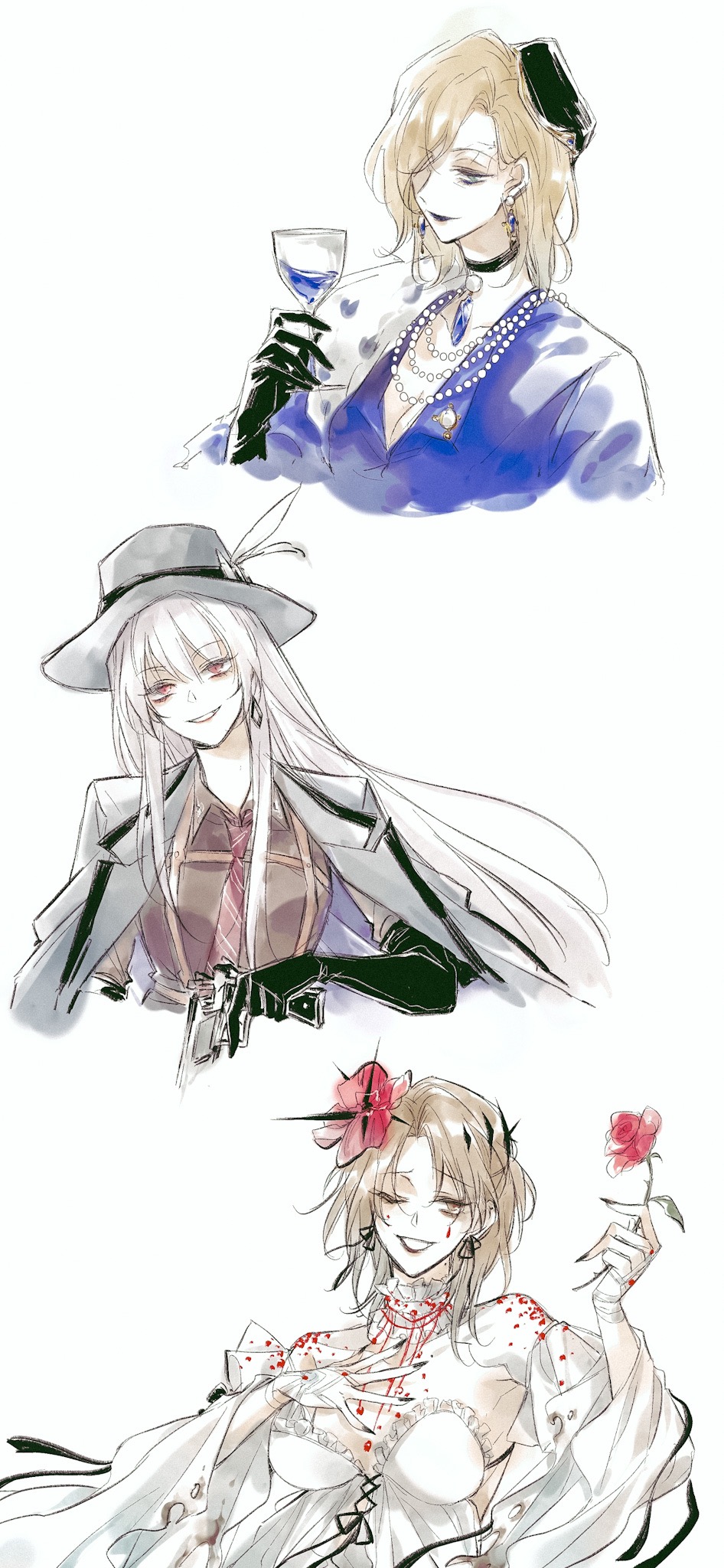 3girls babydoll black_choker black_gloves black_hat black_lips blonde_hair blue_eyes blue_shirt breasts bridal_gauntlets brown_shirt burnt_clothes chinese_commentary choker cleavage coat coat_on_shoulders collar collarbone collared_shirt commentary coquelic_(path_to_nowhere) cropped_torso cup detached_collar detached_sleeves diagonal-striped_clothes diagonal-striped_necktie dress_shirt drinking_glass earrings elbow_gloves feather_boa flower forehead forehead_tattoo frilled_babydoll frilled_collar frills gloves grey_coat grey_hat group_costume_switch gun hair_flower hair_ornament hair_over_one_eye hand_on_own_chest handgun hat hat_feather highres holding holding_cup holding_flower holding_gun holding_weapon jewelry langley_(path_to_nowhere) long_hair mcqueen_(path_to_nowhere) mitsukyou multiple_girls multiple_necklaces necklace necktie one_eye_closed one_eye_covered parted_bangs partially_unbuttoned path_to_nowhere pearl_necklace poppy_(flower) red_eyes red_flower red_necktie red_rose ribbon_earrings rose shirt short_hair simple_background single_earring smile spider_tattoo straight_hair striped_clothes suspenders tattoo teardrop_facial_mark trilby weapon white_babydoll white_background white_hair wine_glass yellow_eyes