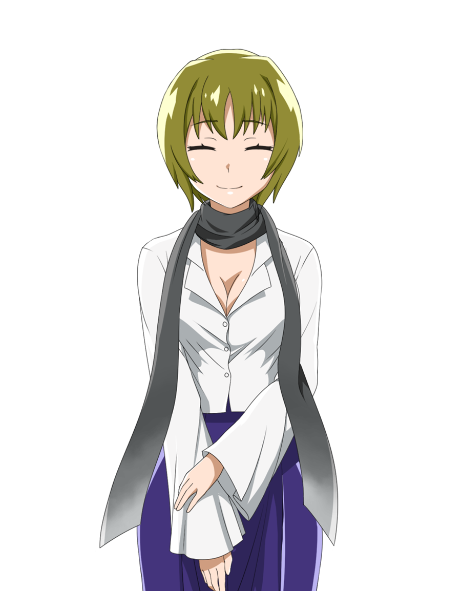 1girl black_scarf breasts cleavage closed_eyes closed_mouth collared_shirt cowboy_shot gradient_scarf green_hair higurashi_no_naku_koro_ni higurashi_no_naku_koro_ni_mei kawata_midori long_scarf long_sleeves official_art purple_skirt scarf shirt simple_background skirt solo standing straight-on tachi-e transparent_background white_shirt