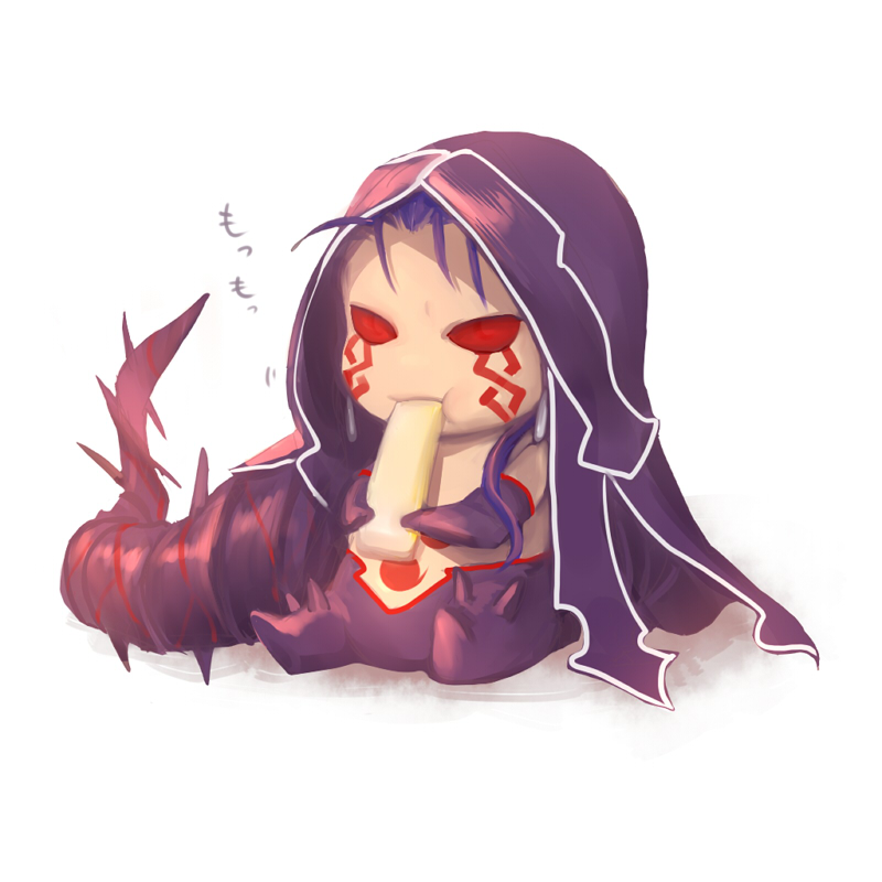 1boy black_gloves blue_hair chest_tattoo chibi cu_chulainn_(fate) cu_chulainn_(fate/stay_night) cu_chulainn_alter_(fate/grand_order) earrings eating elbow_gloves facial_mark fate/grand_order fate_(series) full_body gloves hair_over_shoulder hair_strand hood ibushi jewelry long_hair male_focus mini_cu-chan_(fate) no_nose ponytail red_eyes simple_background sitting solo spiked_tail tail tattoo white_background