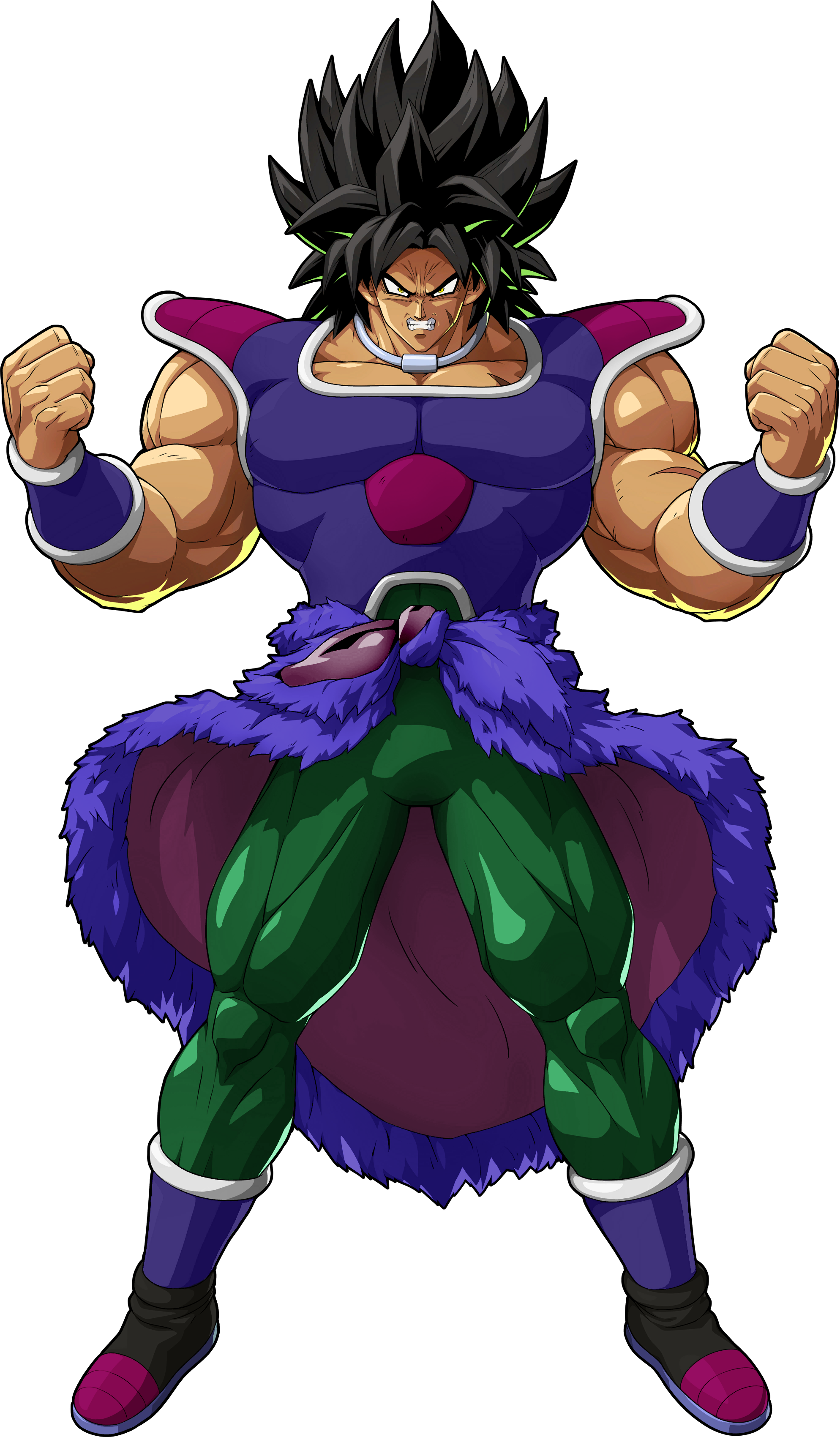 1boy absurdres armor arms_at_sides black_eyes black_hair broly_(dragon_ball_super) dragon_ball dragon_ball_fighterz dragon_ball_super dragon_ball_super_broly expressionless frown highres jewelry looking_away male_focus necklace official_art pants purple_legwear purple_pants recolor scar short_hair simple_background spiked_hair standing upper_body white_background wristband
