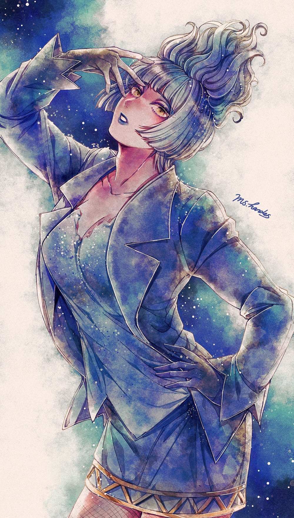 1girl black_gloves blue_hair blue_lips closed_mouth disney disneyland fire formal_clothes gloves hades_(disney) hercules_(1997_film) highres lipstick long_sleeves looking_at_viewer makeup mizala ms._hades recruiters_(disney) short_hair simple_background skirt solo suit