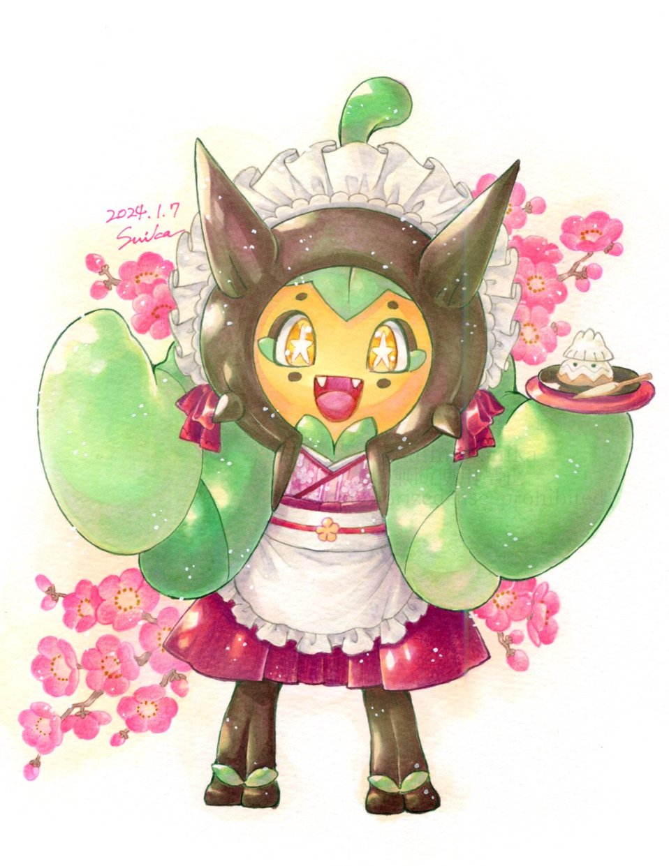 apron artist_name bright_pupils clothed_pokemon commentary_request dated dress fangs fullmofsuika game_freak gen_4_pokemon highres holding holding_plate maid_apron maid_headdress nintendo ogerpon open_mouth plate pleated_dress pokemon pokemon_(creature) smile snover star-shaped_pupils star_(symbol) symbol-shaped_pupils yellow_eyes