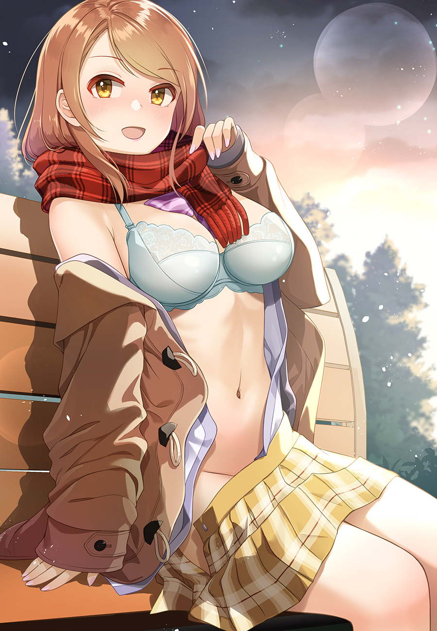 1girl :d bench blush bra breasts brown_hair cleavage clothes_pull cloud cloudy_sky coat day duffel_coat enpera exhibitionism fringe_trim gradient_sky highres hojo_karen idolmaster idolmaster_cinderella_girls large_breasts lens_flare long_sleeves looking_at_viewer miniskirt mk_(mod0) no_panties on_bench open_clothes open_coat open_mouth open_shirt outdoors park_bench plaid_clothes plaid_scarf plaid_skirt public_indecency purple_shirt red_scarf scarf shirt skirt skirt_pull sky sleeves_past_wrists smile solo sunlight swept_bangs underwear undressing white_bra yellow_eyes yellow_skirt