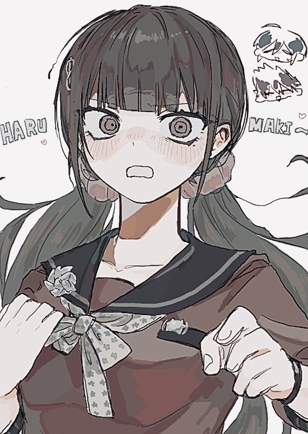 1girl black_sailor_collar blush bow bowtie brown_hair character_name d: danganronpa_(series) danganronpa_v3:_killing_harmony grey_bow grey_bowtie hair_ornament hair_scrunchie hairclip harukawa_maki heart highres long_hair low_twintails mole mole_under_eye momota_kaito open_mouth red_scrunchie red_shirt saihara_shuichi sailor_collar scrunchie shirt solo_focus star_(symbol) star_print twintails yasaijui